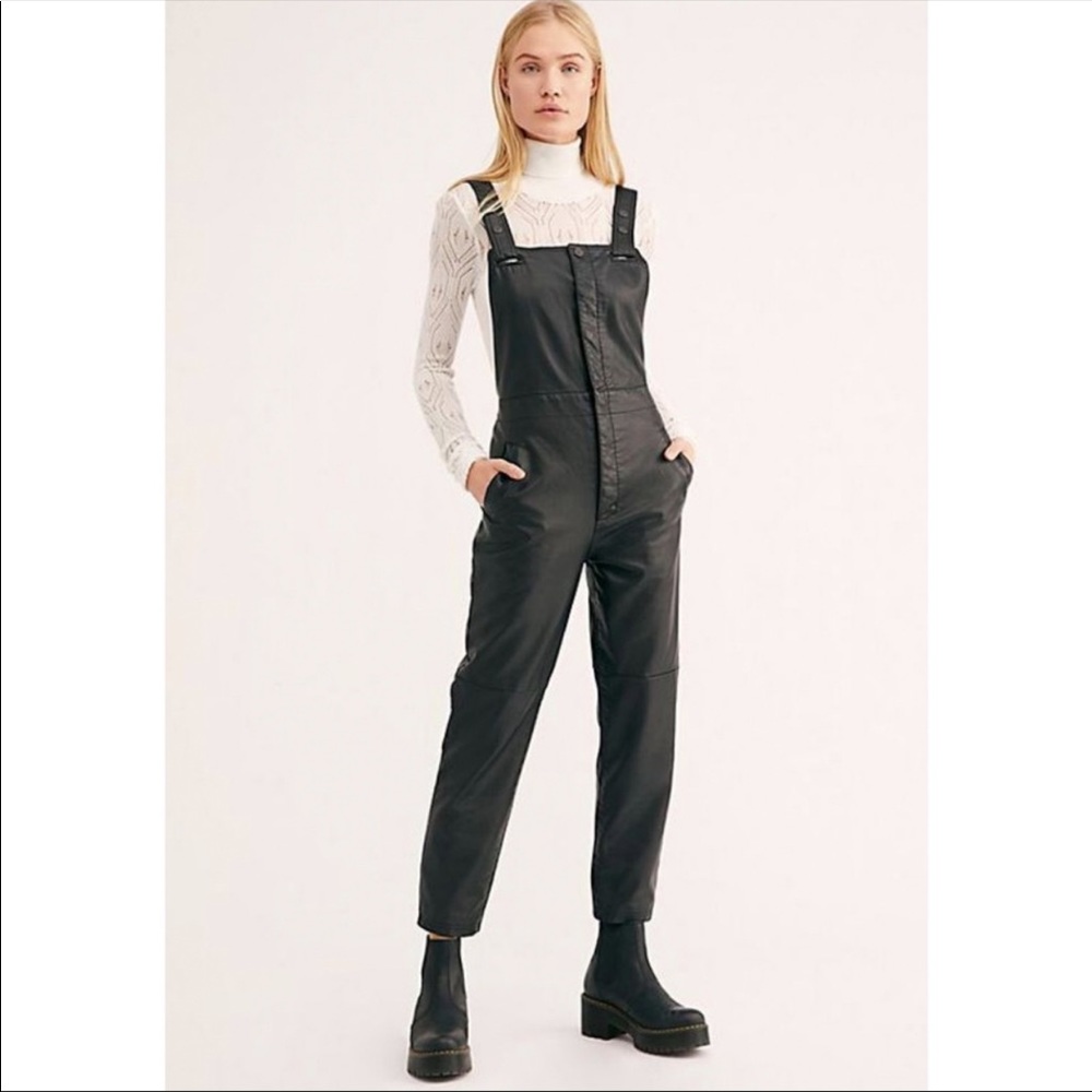 Free People Vegan Black Leather Moto Overalls